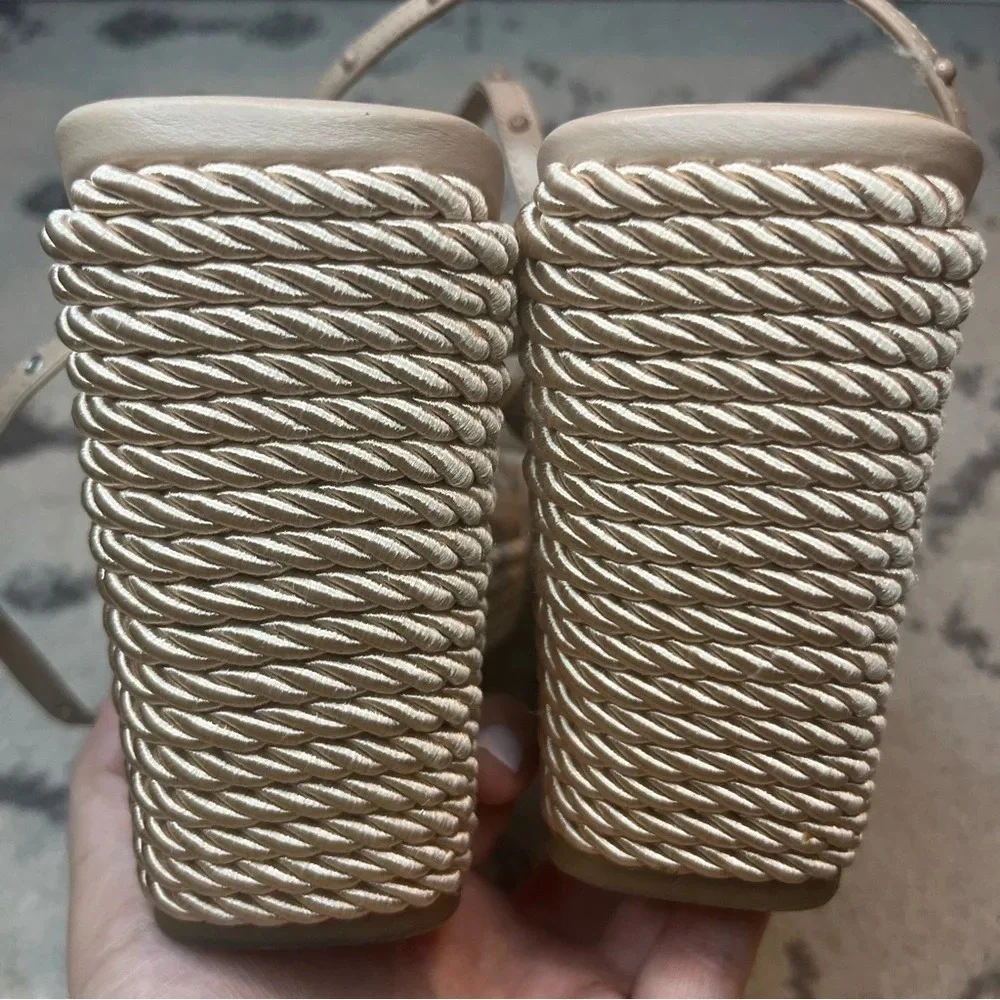 MARC FISHER Zig Studded Square Toe Beige Beachy Espadrille Wedge Heels